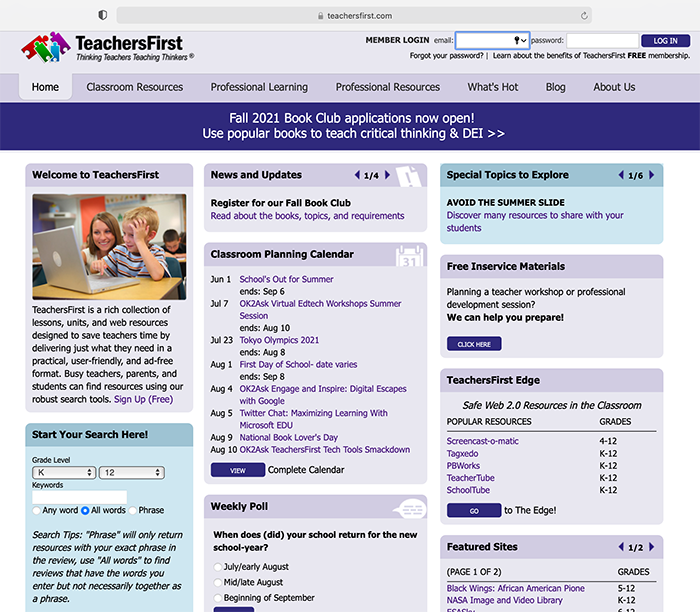 Home screen of TeachersFirst.org.
